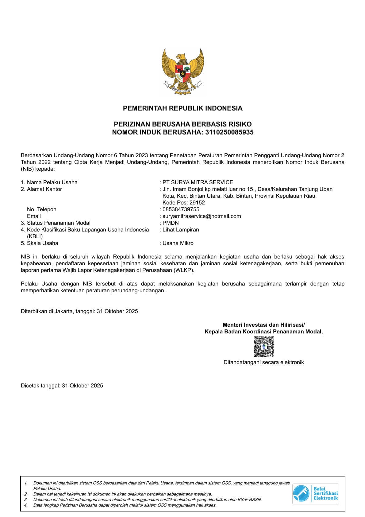 Pratinjau NIB PT Surya Mitra Service